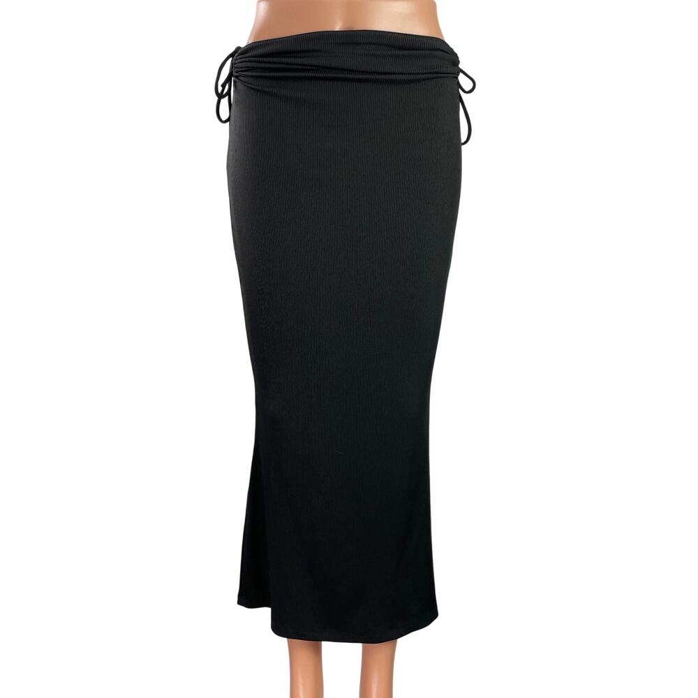 Princess Polly Women's Black Ribbed Ruched Tie Midi Straight Pencil Skirt Size 6